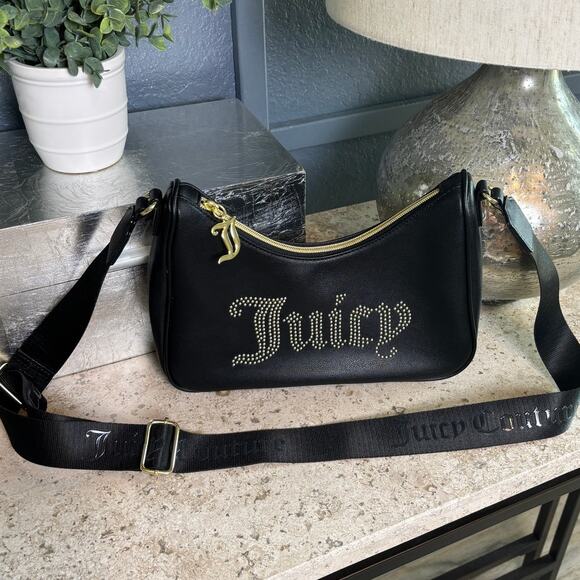 Juicy Couture Liquorice Obsession Crossbody Black Faux Leather Studded Logo NWOT - Picture 1 of 7